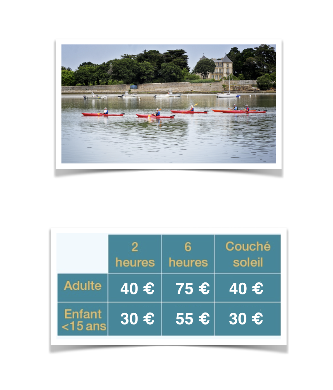 Tarifs randonnée accompagné en Kayak ou en Paddle